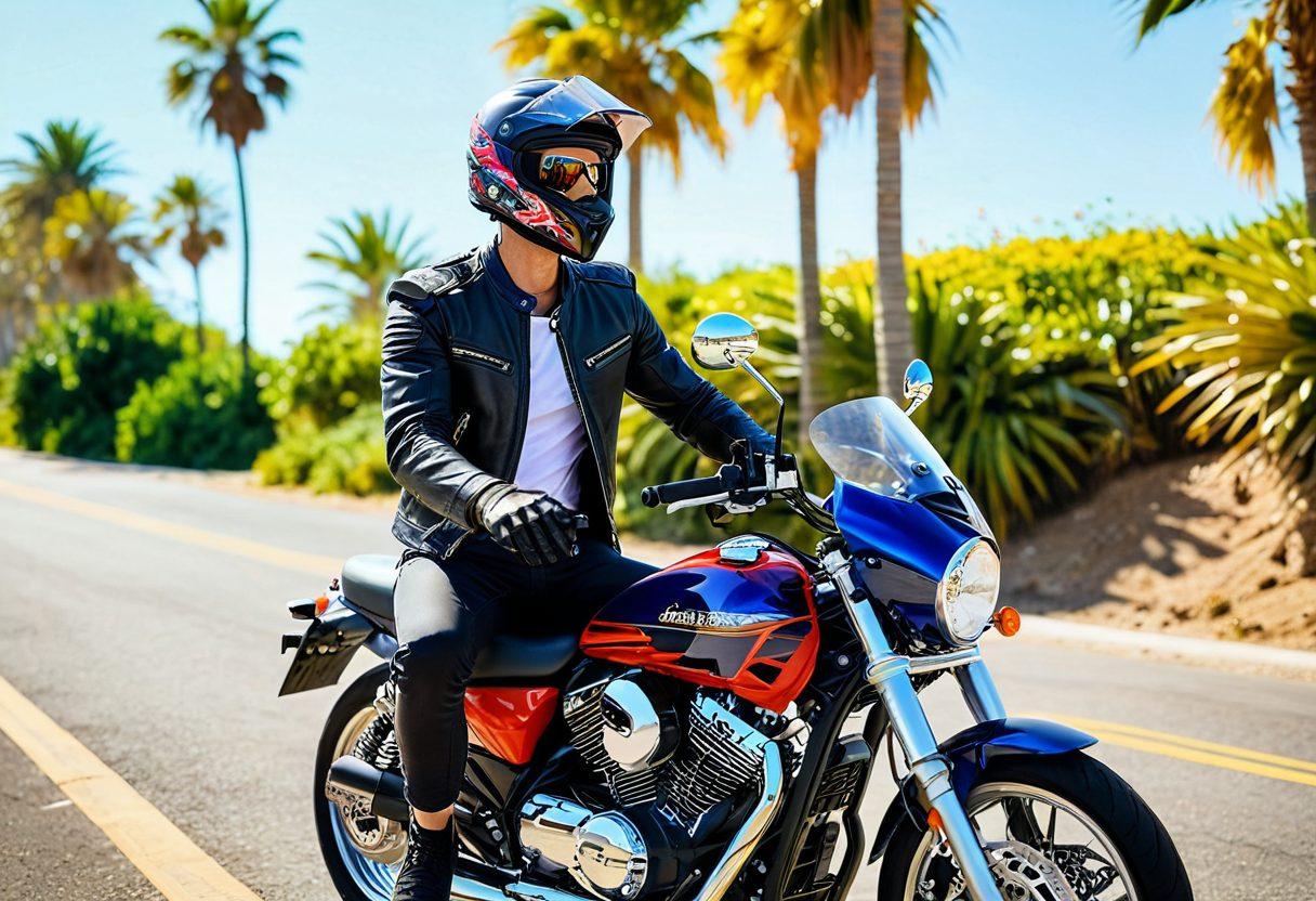 A dynamic scene showcasing a stylish and confident biker ready to ride, dressed in trendy summer biker apparel. The background features a sunlit coastal road with palm trees and vibrant flowers, emphasizing summer vibes. Include accessories like a sleek helmet and high-quality gloves, with a motorcycle parked nearby. Elements of motion and freedom should radiate throughout the image. super-realistic. vibrant colors. summer aesthetic.